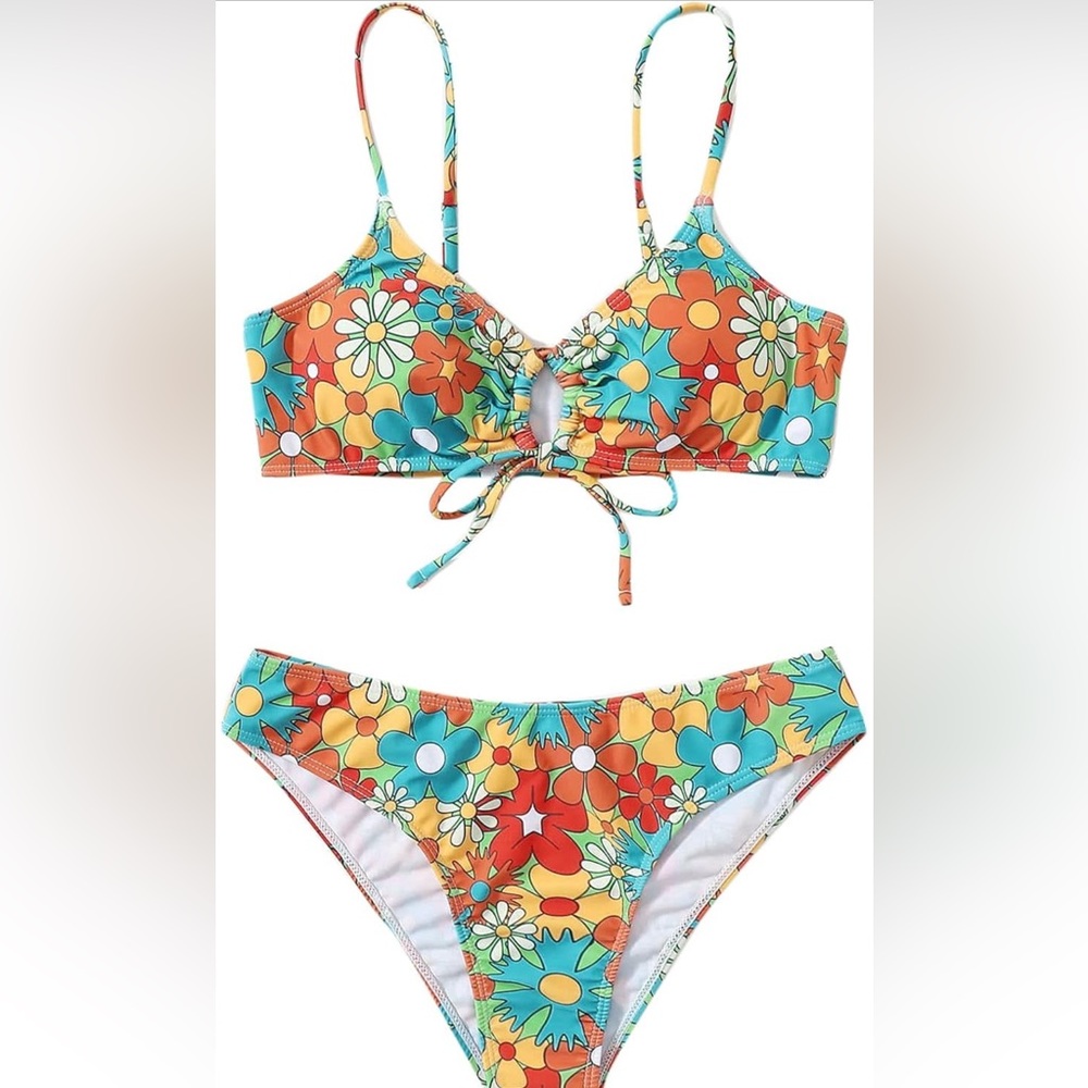 Retro‎ Floral Print L Bikini Set Women's Tie Front Cutout Swimsuit Bathing Suit